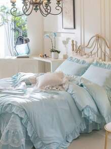 1 Set Of 3 Pieces (1 Duvet Cover + 2 Pillow Shams) Light Blue Ruffle Elegant Soft & Cozy Bedding Set, Suitable For Bedroom, Guest Room