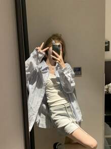 韩版休闲宽松条纹长袖衬衫，春夏款 - 藍色 - 查看 6