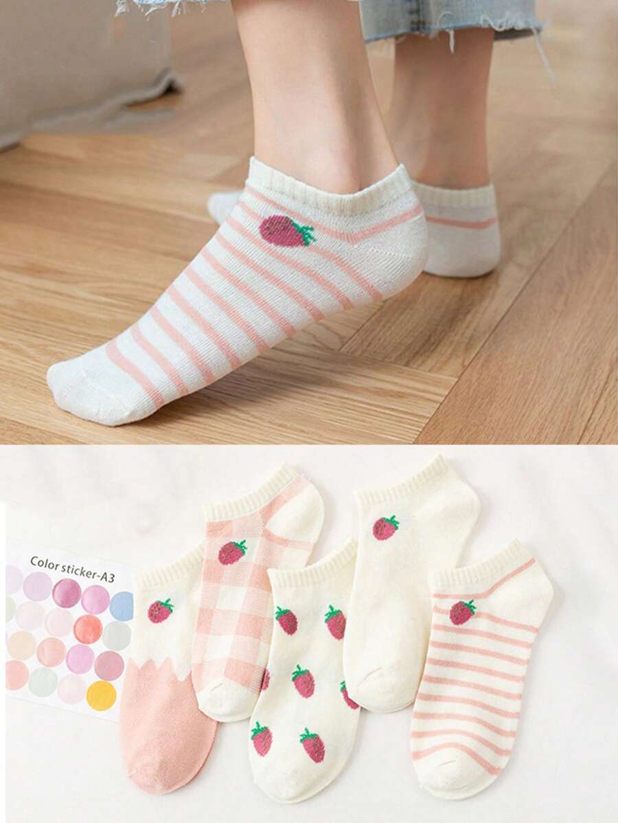 5 Pairs/Pack Women's Pink Fruit Strawberry Striped Plaid Shallow Socks Cute Student Japanese Style Casual Breathable Non-Falling Socks Women's Socks - Multicolor - View 1
