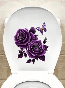 1pc Purple & Red Butterfly Pattern Toilet Seat Lid And Tank Sticker, Home Bathroom Decor, Wall Decor, Door Sticker Summer - Multicolor - View 1