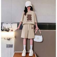 2pcs/Set Tween Girl Girls' Round Neck Short Sleeve T-Shirt And Shorts Set, Casual Sports Outfit