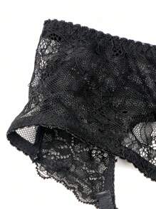 女士黑色性感蕾丝吊袜带、蝴蝶装饰半透明防滑长袜 - 黑色 - 查看 8