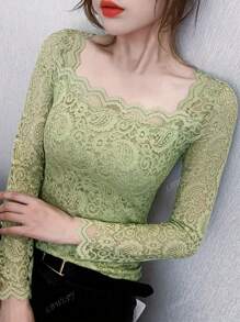 Blusa de renda manga longa, nova blusa feminina elegante justa sexy versátil gola quadrada, outono/inverno