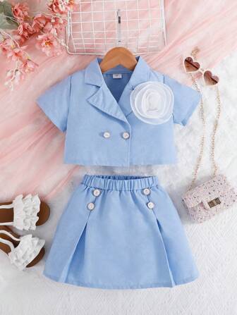 夏季少女甜美碎花立领外套+玫瑰纽扣装饰裙两件套，适合通勤外出