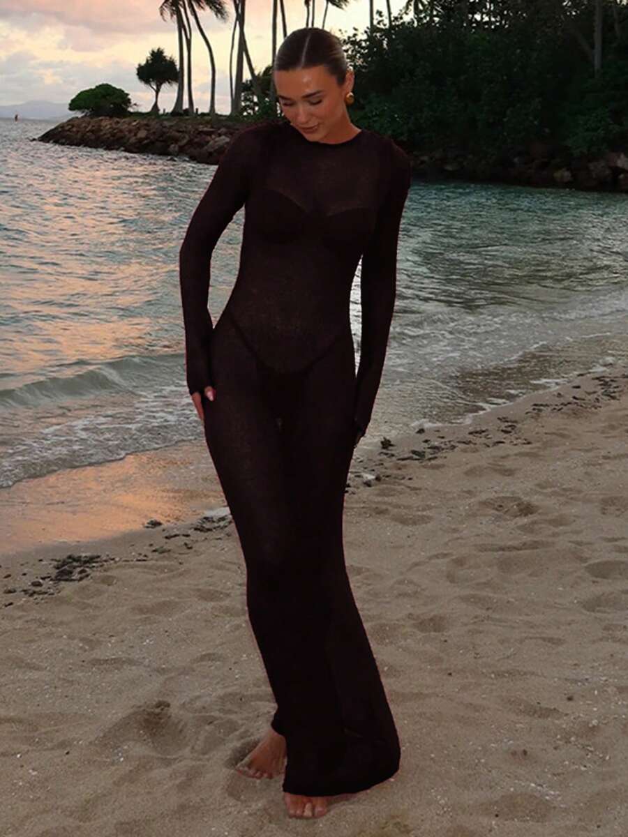 Women Crochet Knitted Long Sleeve Maxi Dress Sheer See Through Backless Swimsuit Bikini Cover Up Beach Swimwear Party Dress
