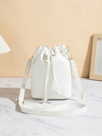 Drawstring Closure White Elegant Bucket Bag, Adjustable Shoulder Strap, Cell Phone Pouch, Fashion Minimalist Women Handbag