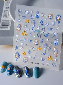 1 Pc Mermaid Shell 5D Embossed Nails Art Stickers DIY Adhesive Sliders Nail Polish Manicure Sticker Decals - Multicolor - View 7