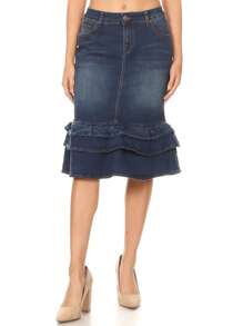 Denim Midi SkirtPlainElegantDenimRuffle HemButtonTiered Layer - Rửa chàm - Xem 1