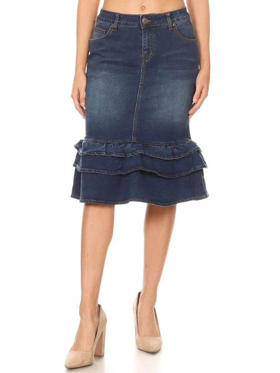 Denim Midi SkirtPlainElegantDenimRuffle HemButtonTiered Layer - Rửa chàm - Xem 1