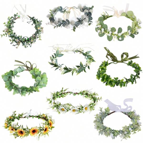 1 Stück verstellbarer Kranz aus synthetischen Blättern und Blumen, Eukalyptus Blumenkranz Haarband für Frauen, Blumenmädchen, Boho-Stil, Party, Fotoshooting, Feiertage, Hochzeit, St. Patrick's Day