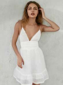Women Cami Dress Swiss Dot V-Neck Spaghetti Strap Sleeveless Mini Dress A-line Dress Summer Tie-Up Backless Dress - Blanco marfil - Ver 5