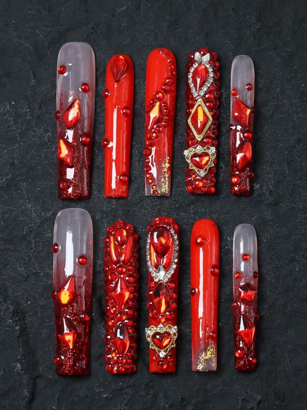10 Pcs Handmade Fake Nail Press On Nail Extra Long Coffin Red Nails, Acrylic Nail Kit 3D Rhinestone Glitter Shiny Artificial Gems,Heart, Y2K,Wedding Nails, Valentine Charm Nails French Tip Nail Design Nail Art Suitable For Daily Wear ,Ideal Gift DIY Beauty Popular Gift Spring&Summer