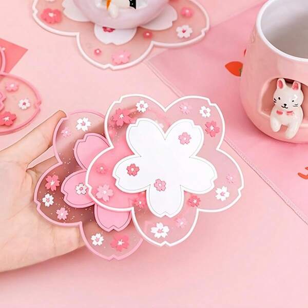 2pcs Coffee Coasters, Two Colors Of Rubber Material In Pink And White, Suitable For Home Tea Cups, Pink Flower Patterns, Anti Slip Pot Bowl Mats, And Table Mats. Suitable For Desktop Beverage Table Decoration, Kawaii Accessories, Back To School Supplies