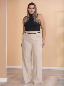 Plus Size Fashion Long Pants Without Belt And Pockets - Beige - View 2