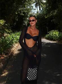 Women Crochet Knitted Long Sleeve Maxi Dress Sheer See Through Backless Swimsuit Bikini Cover Up Beach Swimwear Party Dress