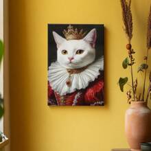 1pc Pet Wrapped Framed Canvas Wall Art, Vintage Prints Poster, Cat Dress Crown White Red Gold, Birthday Party Decor, Decorative Wall Art For Living Room Bedroom Office, Hanging Hardware Included - Framed, Vertical