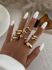 6pcs/Set Vintage Minimalist Alloy Molten Lava Teardrop Design Open Rings, Asymmetrical Fashionable Thick Metal Gold Tone Ring Set, Suitable For Women's Daily Commute, Holiday Gifts, Party Decoration, Charming Jewelry Gift Set