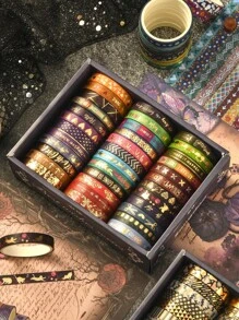 36 Rolls/Box Of Handbook Tape, Bronzing And Silver Stamping Process, Retro Pinstripe Pattern, Heart, Bow And Other Creative Patterns, Handbook Material Landscaping Tape, Gifts For Friends - Multicolor - View 9