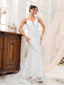 Vestido de novia largo estilo sirena sin mangas con detalles de tul transparente para mujer, vestido de novia, novia