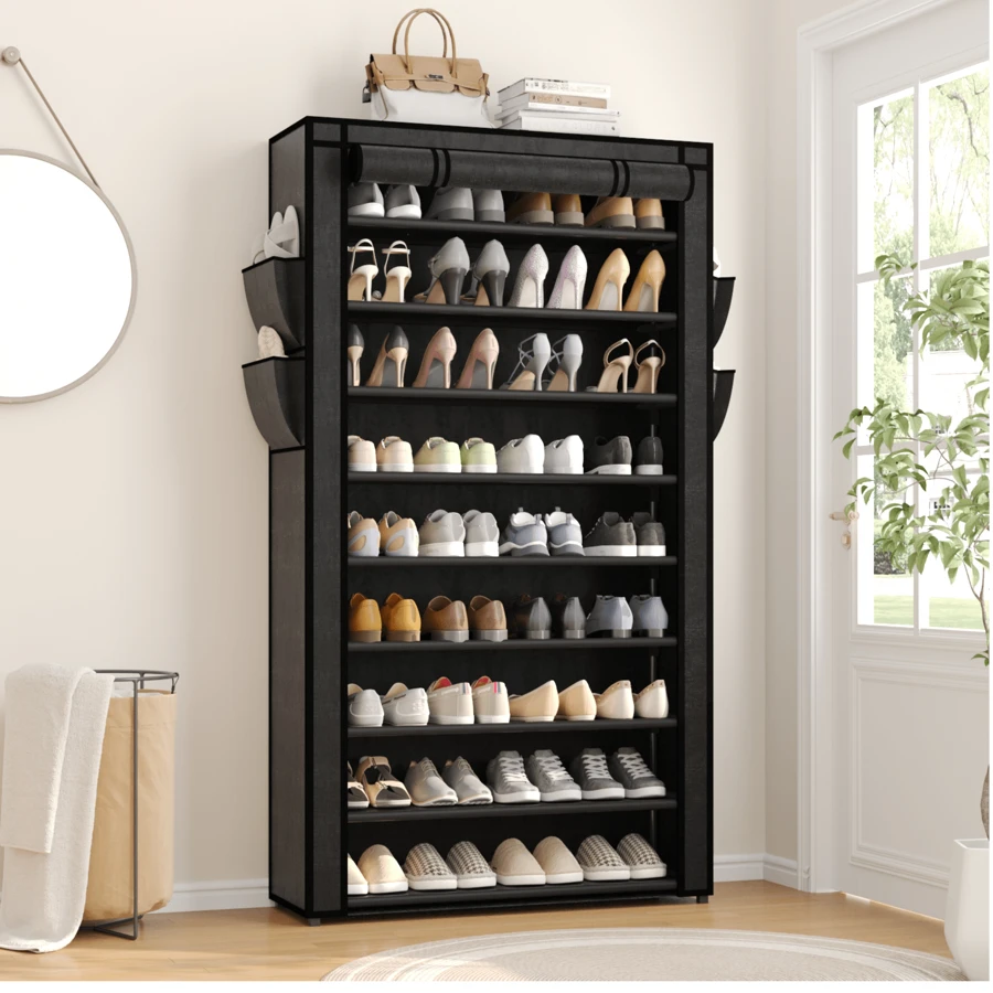 Superlele 10 Tier Shoe Rack, Black Shoe Cabinet, Large Capacity 50-56Pairs Beautiful Tall Shoe Shelf Free Standing Storage Cabinet Entryway Closet, Dustproof Floor Standing Storage Cabinet With Easy Assembly, For Bedrooms And Dormitories