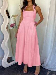 Ladies' Spring And Summer Vacation, Dating, Music Festival, Mother's Day, Easter, Hanging Neck, Elegant Long Dress - Hồng - Xem 5