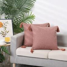2 Pcs Linen Fringe Cushion Cover Set, Sofa Throw Pillow Covers With Tassel Design