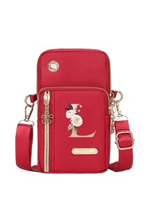 Women's Phone Pouch, Red Mini Crossbody Bag With Gold Floral & Alphabet A-Y Pattern Women's Vertical Coin Purse Sports Arm Sleeve/Running Wrist Pouch Mini Casual Crossbody Phone Bag With Earphone Hole Fashionable For White-Collar, Suitable For University, Work, Business, Commute, Office, Anniversary, Valentine's Day, Birthday, Mother's Day, Teacher's Day, Etc. - Red - View 12