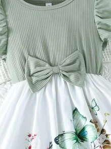 女童夏季荷叶边袖蝴蝶结印花甜美休闲度假连衣裙 - 綠色 - 查看 5