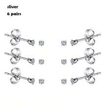 6 Pairs Women's Stainless Steel Cubic Zirconia 2mm Crystal Studded Classic Small Earrings