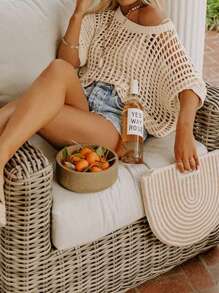 Summer Elegance Hollow-Out Short Sleeve Knit Sweater, Women's Beach Cover-Up