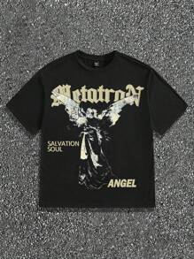 1 pieza Camiseta ajustada de manga corta para hombre con gráfico de retrato y letra, casual de uso diario, regalo de verano para novio - Negro - Ver 1