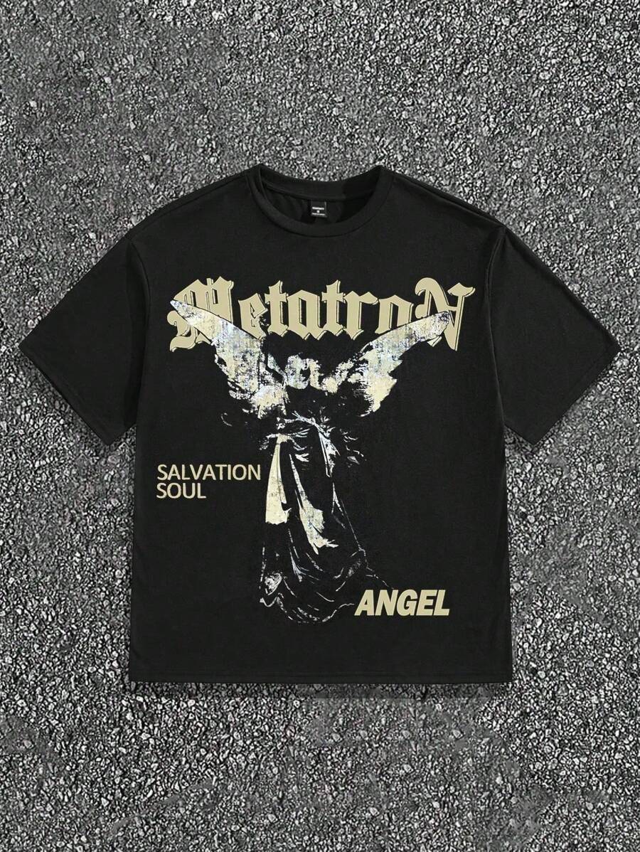 1 pieza Camiseta ajustada de manga corta para hombre con gráfico de retrato y letra, casual de uso diario, regalo de verano para novio - Negro - Ver 1