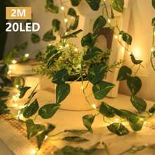 1 pieza Luces de cadena de 2m/6.56ft con 20 LED de hojas verdes, guirnalda de flores artificiales, lámpara decorativa a pilas para hogar, dormitorio, cumpleaños, boda, fiesta, jardín, patio, pasillo, ventanas