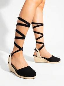 Women's Platform Espadrilles, Closed Toe Wedge Sandals With Elastic Ankle Strap - Black - View 1