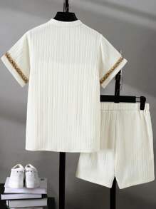 2pcs Boys' Summer Floral Print Stand Collar Shirt And Shorts Casual Outfit Set With Pockets (No Inner White T-Shirt) - Beige - View 2