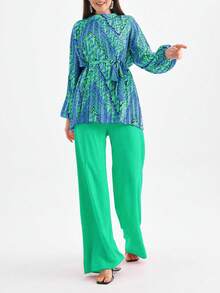 高端时尚褶皱泡泡袖优雅女式衬衫和高腰阔腿印花裤套装（配系带腰带），复古几何色块两件套，春夏 - 藍綠 - 查看 8