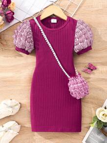 Vestido casual de punto de unicolor de manga corta con textura para niñas [Incluye bolso]