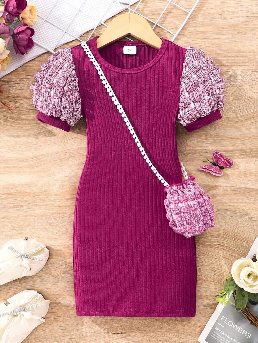 Vestido casual de punto de unicolor de manga corta con textura para niñas [Incluye bolso]