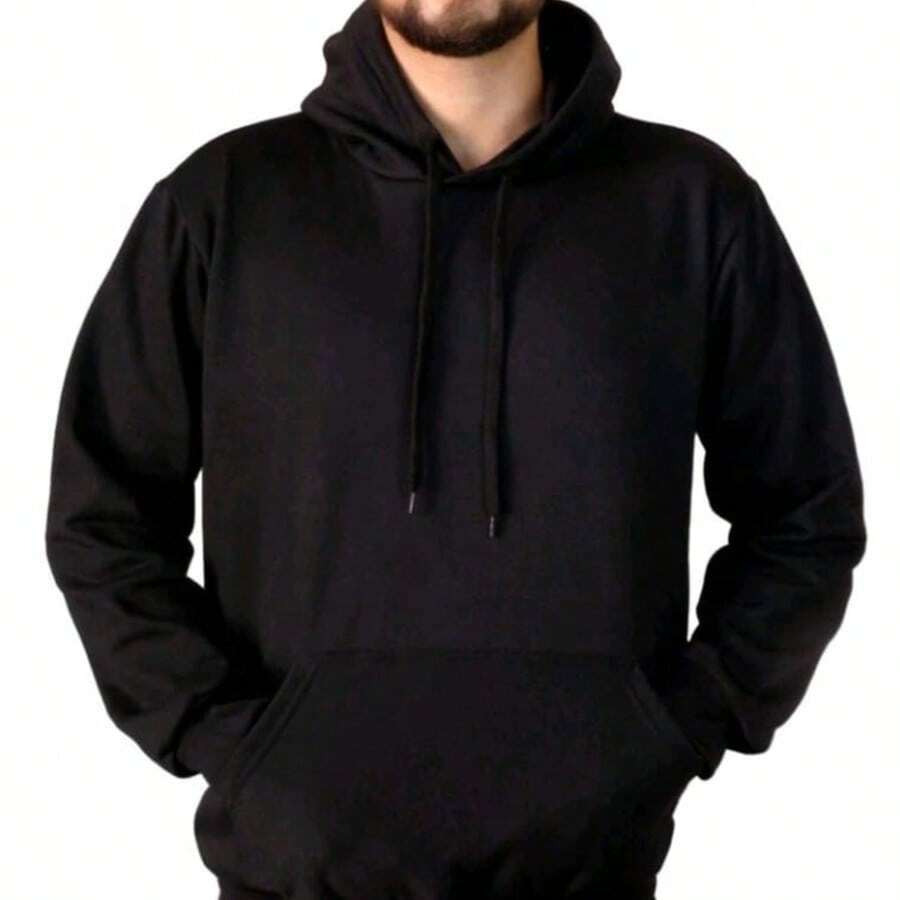 Men's Sweatshirts Plain Flannel Kangaroo Top Cold Hooded - Black - View 1