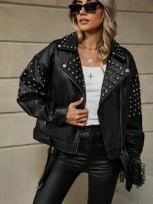 Áo khoác nữ Giolshon phong cách đường phố dành cho người đi xe máy, có thắt lưng - Áo khoác thời trang và đa năng cho mùa thu/đông, màu đen. - màu đen - Xem 5