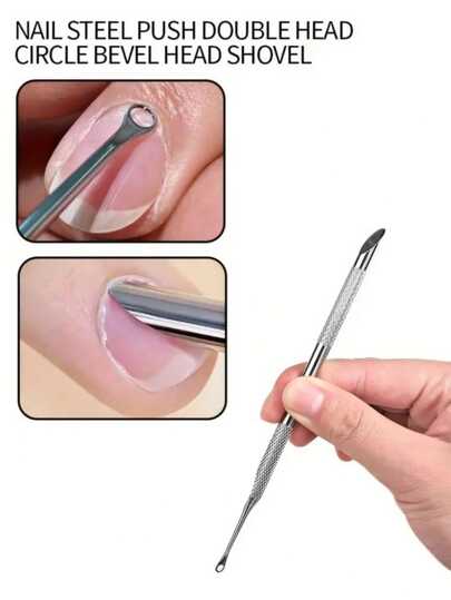 Empujador de uñas de acero inoxidable, pala de doble cabeza redonda y biselada, herramienta de eliminación de cutículas y preparación de uñas con lima esmeril, esencial para la piel muerta y la preparación para el pulido, debe tener para salón de manicura y pedicura, herramientas e accesorios sin olor.