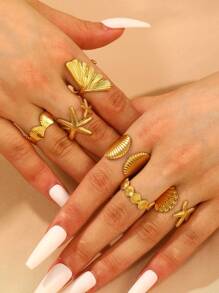 Juego de 6 anillos con diseño de acero inoxidable de la serie oceánica con estrellas de mar, coral y conchas, un diseño versátil y creativo para que las mujeres los usen a diario, adecuado para el verano - Amarillo Oro - Ver 6