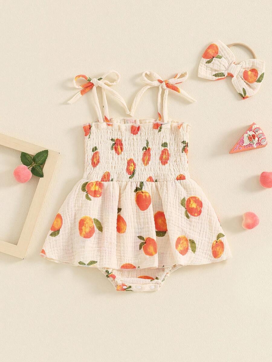 Newborn Baby Girl Sleeveless Rompers Dress Summer Smocked Clothes Cotton Bodysuit With Headband 0-18 Months - 米色 - 查看 1