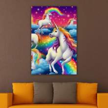 1 Piece Home Wall Decor Framed Canvas Rainbow Unicorn Cartoon Pattern Canvas Wall Art Paintings For Living Room - Canvas Framed Print Wall Artworks Bedroom Decoration Office Wall Decor