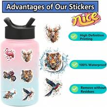 50 张彩色动物贴纸乙烯基美学贴纸剪贴簿、日记、保险杠、滑板、水瓶、卡通、安全帽、汽车贴纸和贴花