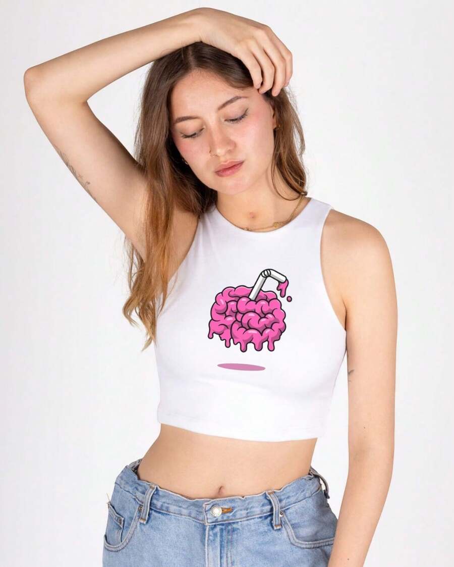 SLEEVELESS CROP TOP WITH BRAIN PRINT, ROUND NECK, LIGHTWEIGHT AND COOL FOR GYM OR CASUAL - White - View 1