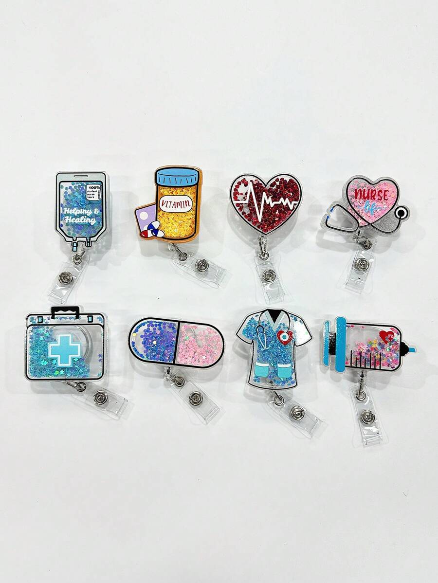 亚克力流沙身份证徽章卷轴，可伸缩心形夹子，适用于医生/护士，可拉伸徽章夹，工作身份证夹，学生证