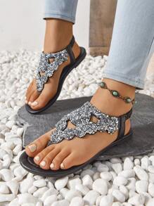 最新设计的罗马风格波西米亚风女士平底人字凉鞋，棕色 - 黑色 - 查看 2