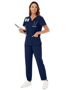 V-Neck Pocket Short Sleeve Top And Pocket Pants Scrub Set - Navy Blue - View 8
