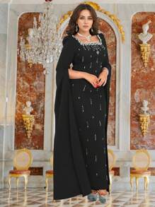 Women Cape Full Sleeve Sparkling Rhinestone Party Dress Sexy Night Birthday Elegant Evening Formal Dress, Gown, For Wedding Guest - Black - View 2